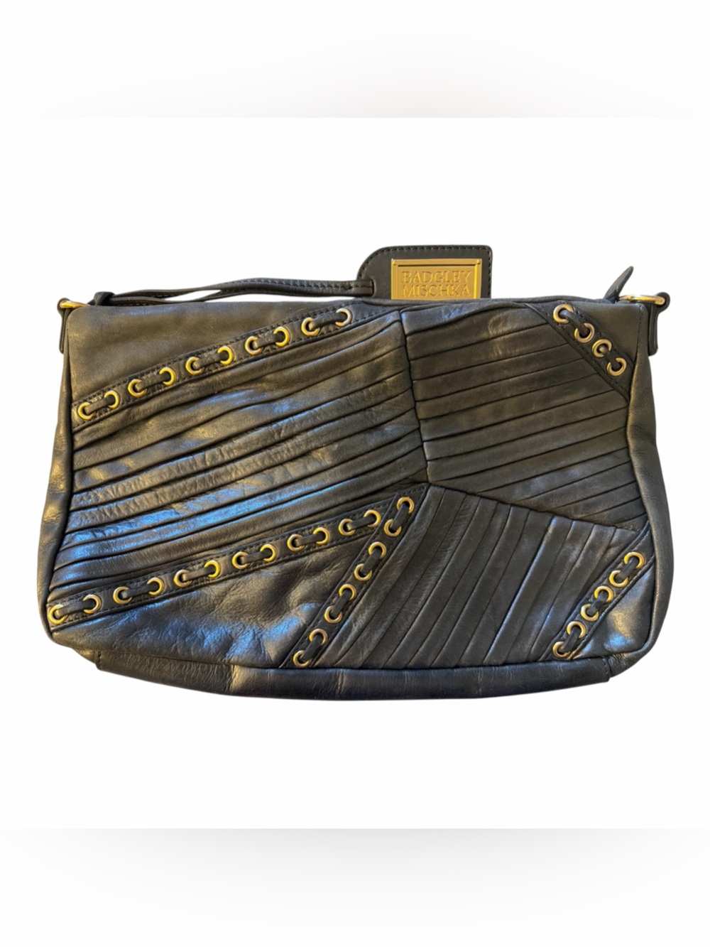 Badgley Mischka Black Leather Bag with Gold-Tone Eyelet Accents